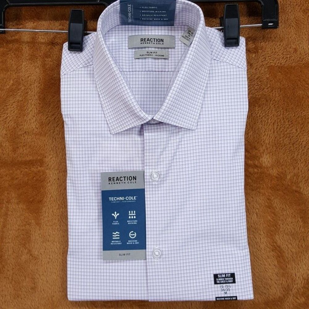 Kenneth Cole Dress Shirt Mens 15 15.5 34 35 Purple Check Slim Fit Stretch